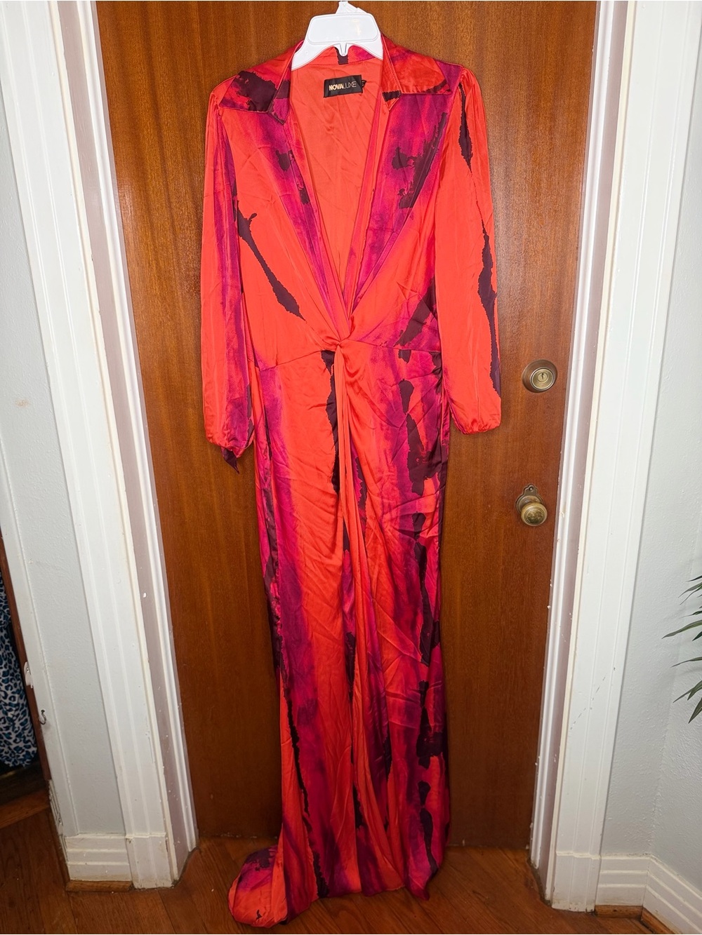 Fashion Nova Orange and Magenta Knot-Front Maxi Dress